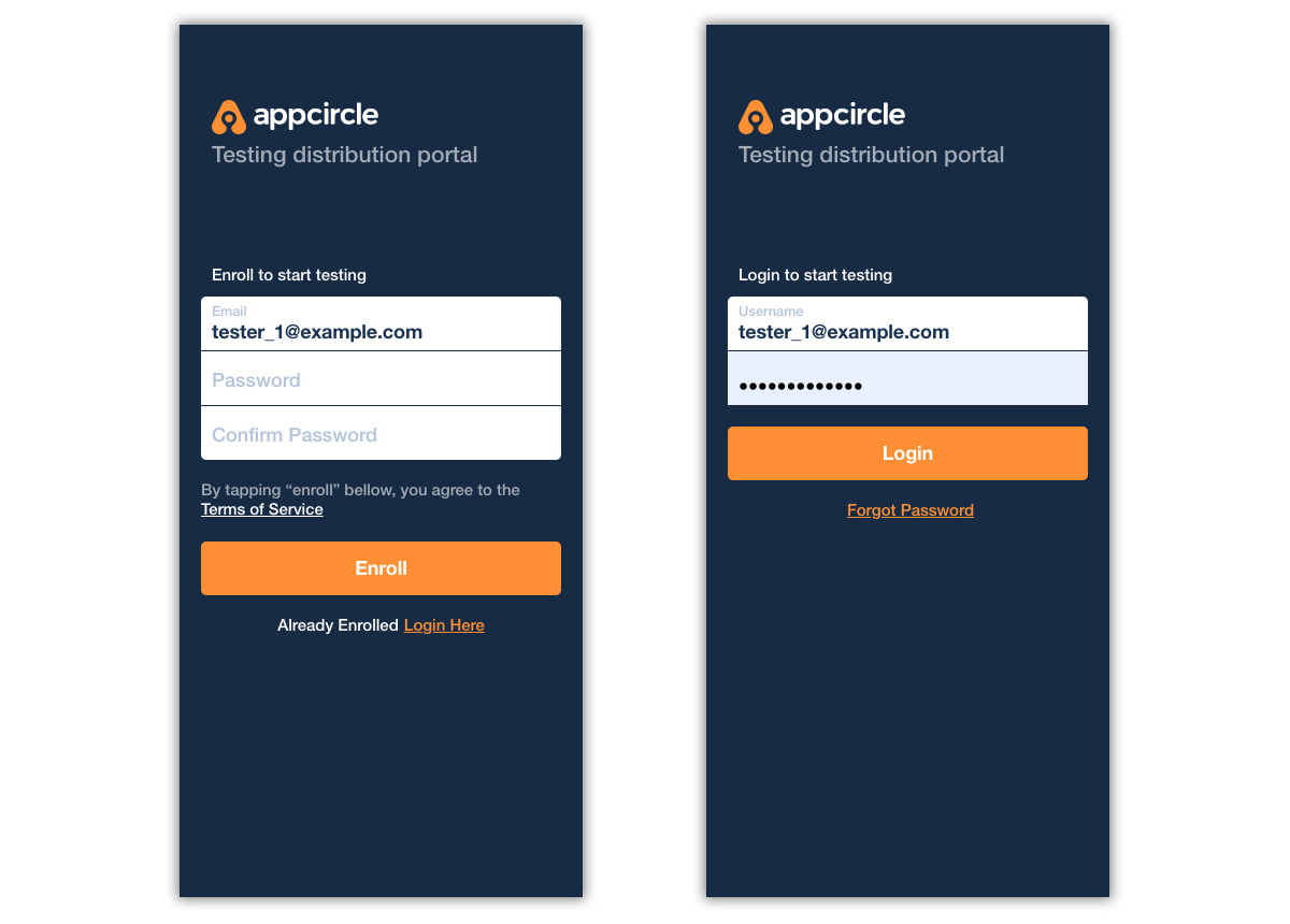 Enrollment and Login pages of the Appcircle Testing Portal