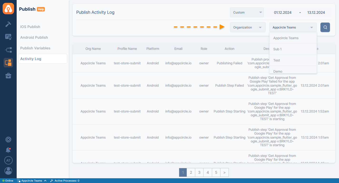 Filtering Activity Log for Publish