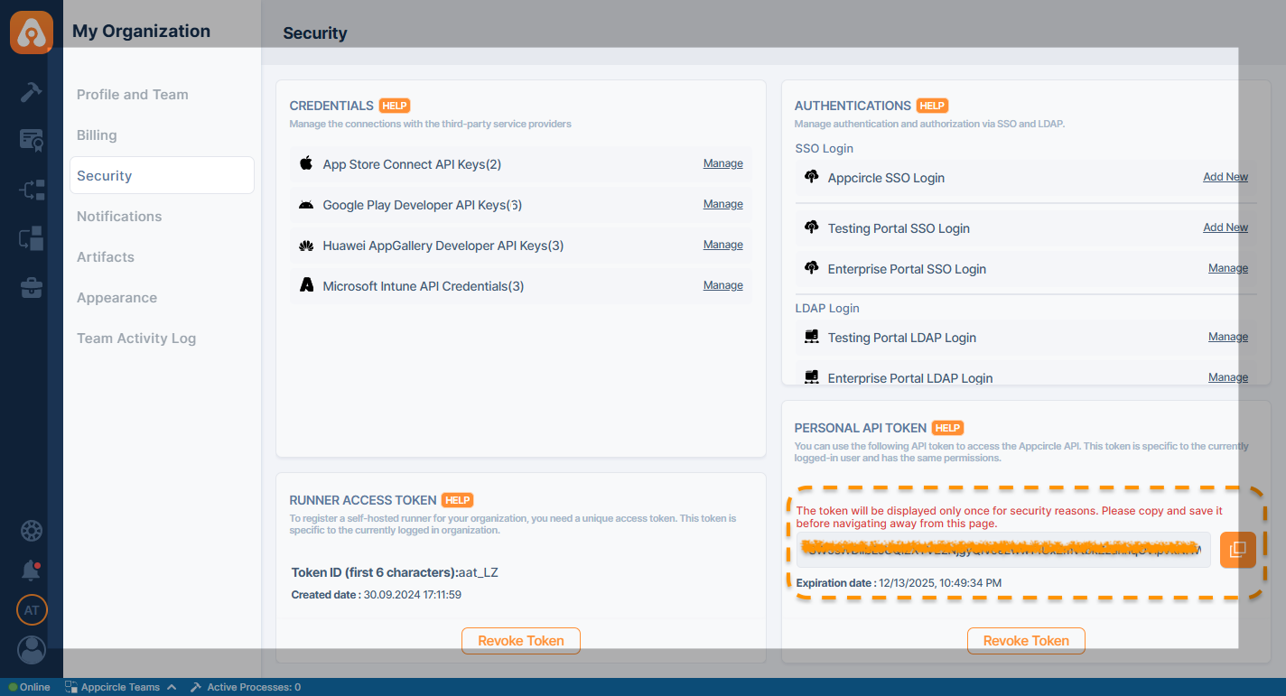 Display Personal API Token