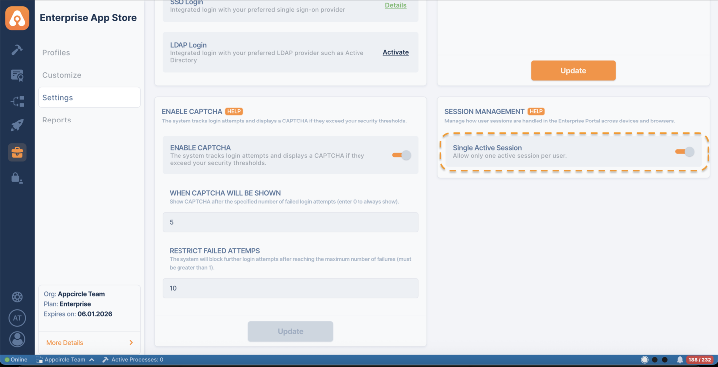 Session Management Settings for Enterprise Portal