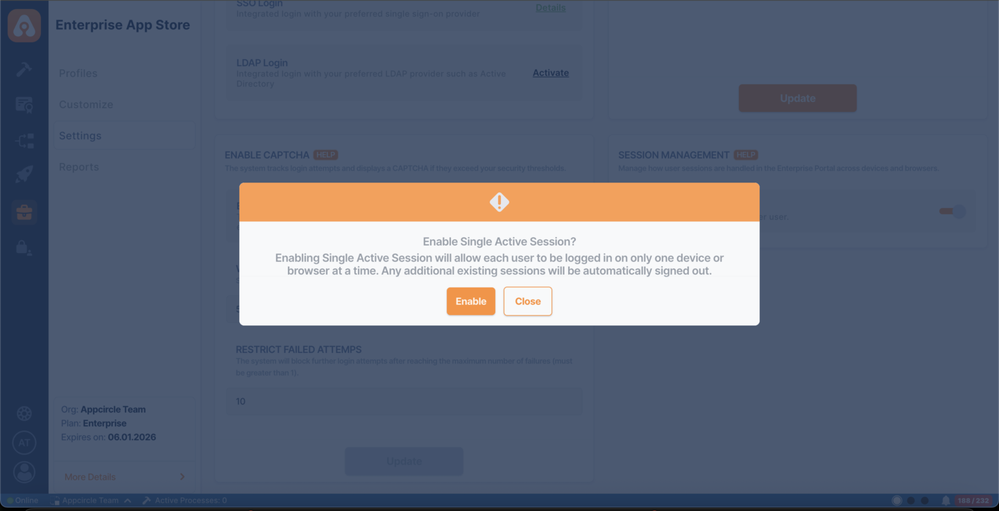 Session Management Warning for Enterprise Portal