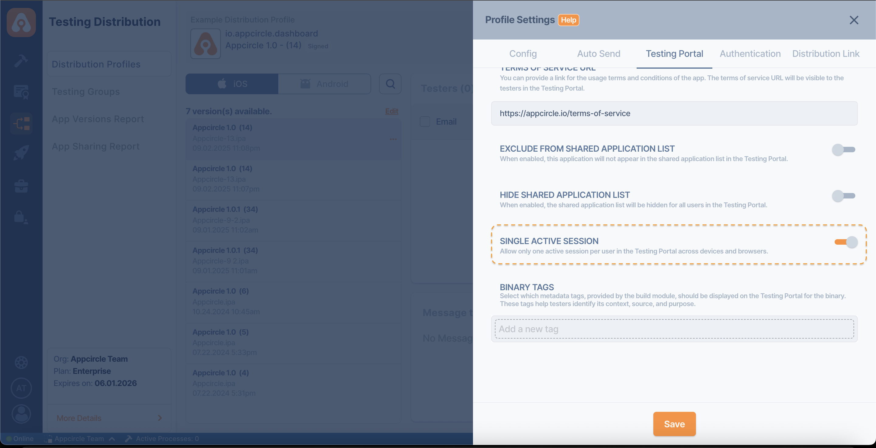 Session Management Warning for Testing Portal